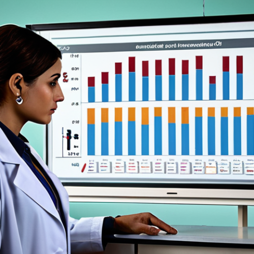 Home 15 **
A pharmacist (male or female, wearing a lab coat) looking at a dashboard with charts and graphs representing medication usage trends in a community. Focus on data related to pain medication/opioid use. Background includes stylized Arabic script and community members. The overall tone is one of concern and awareness.
**