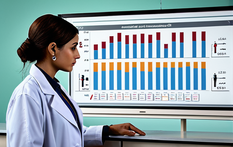 **

A pharmacist (male or female, wearing a lab coat) looking at a dashboard with charts and graphs representing medication usage trends in a community. Focus on data related to pain medication/opioid use. Background includes stylized Arabic script and community members. The overall tone is one of concern and awareness.

**