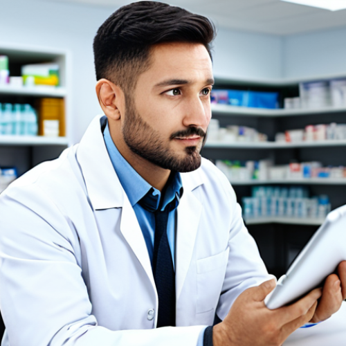 Home 14 A professional male pharmacist, mid-30s, wearing a clean, modest white lab coat over a light blue professional shirt, sitting comfortably at a modern, clean desk in a well-lit pharmacy office. He is looking at a digital tablet with educational content displayed on the screen, showing focused engagement and a thoughtful expression. The background features blurred shelves of medication and a subtle computer monitor, indicating a busy yet organized workspace. The lighting is soft and natural, emphasizing a professional and calm atmosphere. This is a high-resolution professional photograph, safe for work, appropriate content, fully clothed, modest clothing, perfect anatomy, correct proportions, natural pose, well-formed hands, proper finger count, natural body proportions.