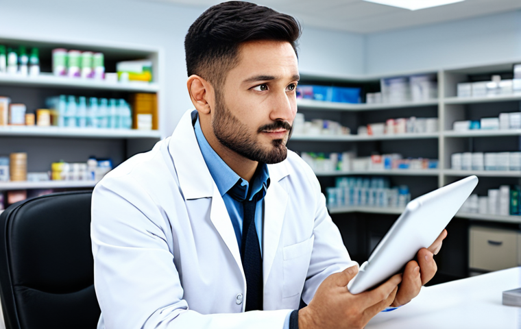 A professional male pharmacist, mid-30s, wearing a clean, modest white lab coat over a light blue professional shirt, sitting comfortably at a modern, clean desk in a well-lit pharmacy office. He is looking at a digital tablet with educational content displayed on the screen, showing focused engagement and a thoughtful expression. The background features blurred shelves of medication and a subtle computer monitor, indicating a busy yet organized workspace. The lighting is soft and natural, emphasizing a professional and calm atmosphere. This is a high-resolution professional photograph, safe for work, appropriate content, fully clothed, modest clothing, perfect anatomy, correct proportions, natural pose, well-formed hands, proper finger count, natural body proportions.