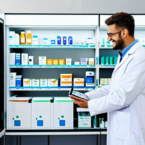Home 7 AI in Pharmacy**
"A bright, modern pharmacy interior with a friendly pharmacist in a lab coat (fully clothed, appropriate attire) interacting with a sophisticated AI-powered dispensing system. The system features a clear touchscreen display showing medication details and safety checks. Background includes neatly organized shelves of medication and smiling patients. Safe for work, professional, perfect anatomy, natural proportions, high quality, appropriate content."
**