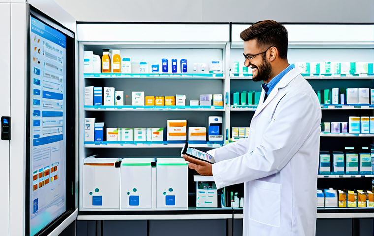 AI in Pharmacy**

"A bright, modern pharmacy interior with a friendly pharmacist in a lab coat (fully clothed, appropriate attire) interacting with a sophisticated AI-powered dispensing system. The system features a clear touchscreen display showing medication details and safety checks. Background includes neatly organized shelves of medication and smiling patients. Safe for work, professional, perfect anatomy, natural proportions, high quality, appropriate content."

**