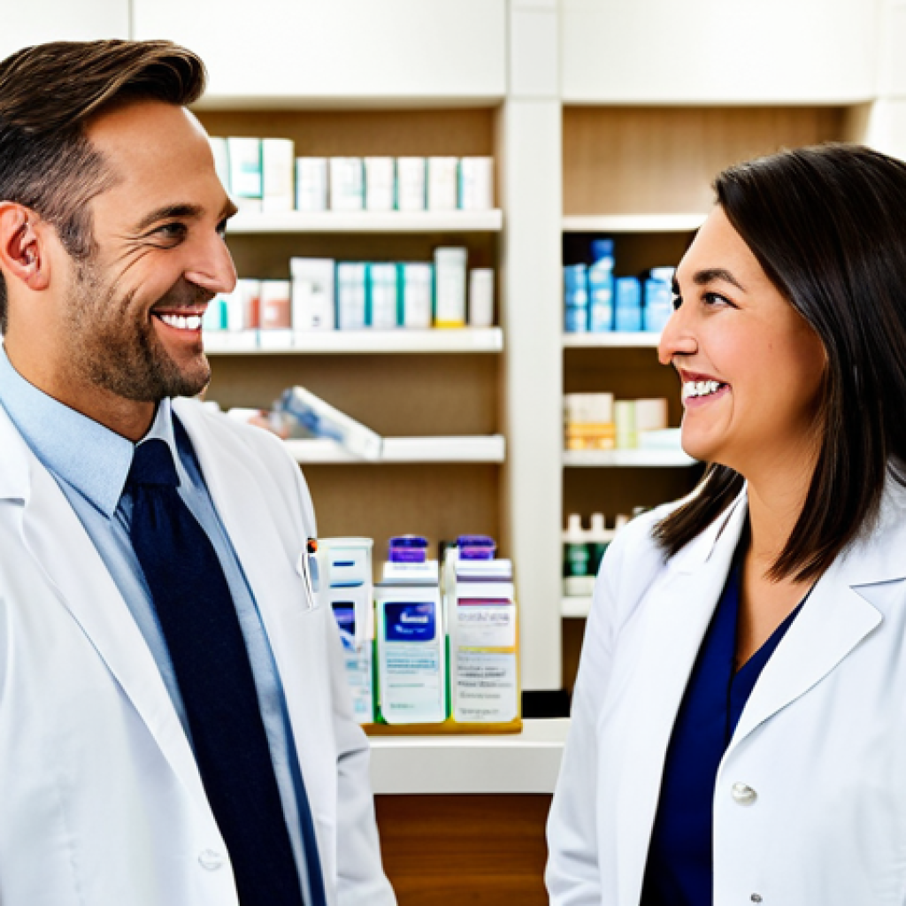 약사 약물 정보 업데이트 팁 - **Prompt:** "A pharmacist in a white coat, smiling warmly at a patient in a brightly lit pharmacy, f...