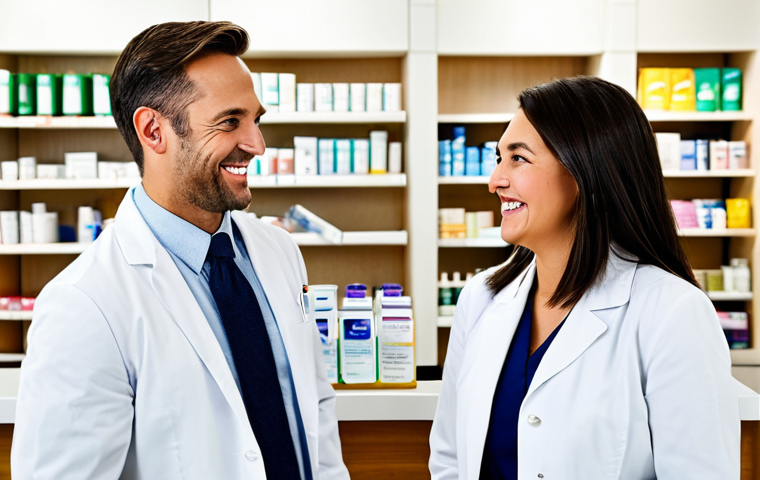 약사 약물 정보 업데이트 팁 - **Prompt:** "A pharmacist in a white coat, smiling warmly at a patient in a brightly lit pharmacy, f...