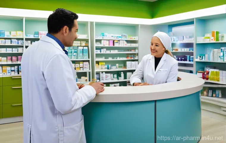 약사 약국 내 고객 서비스 개선 - **Prompt: A compassionate male pharmacist, in his late 40s, with a gentle smile and reassuring eyes,...