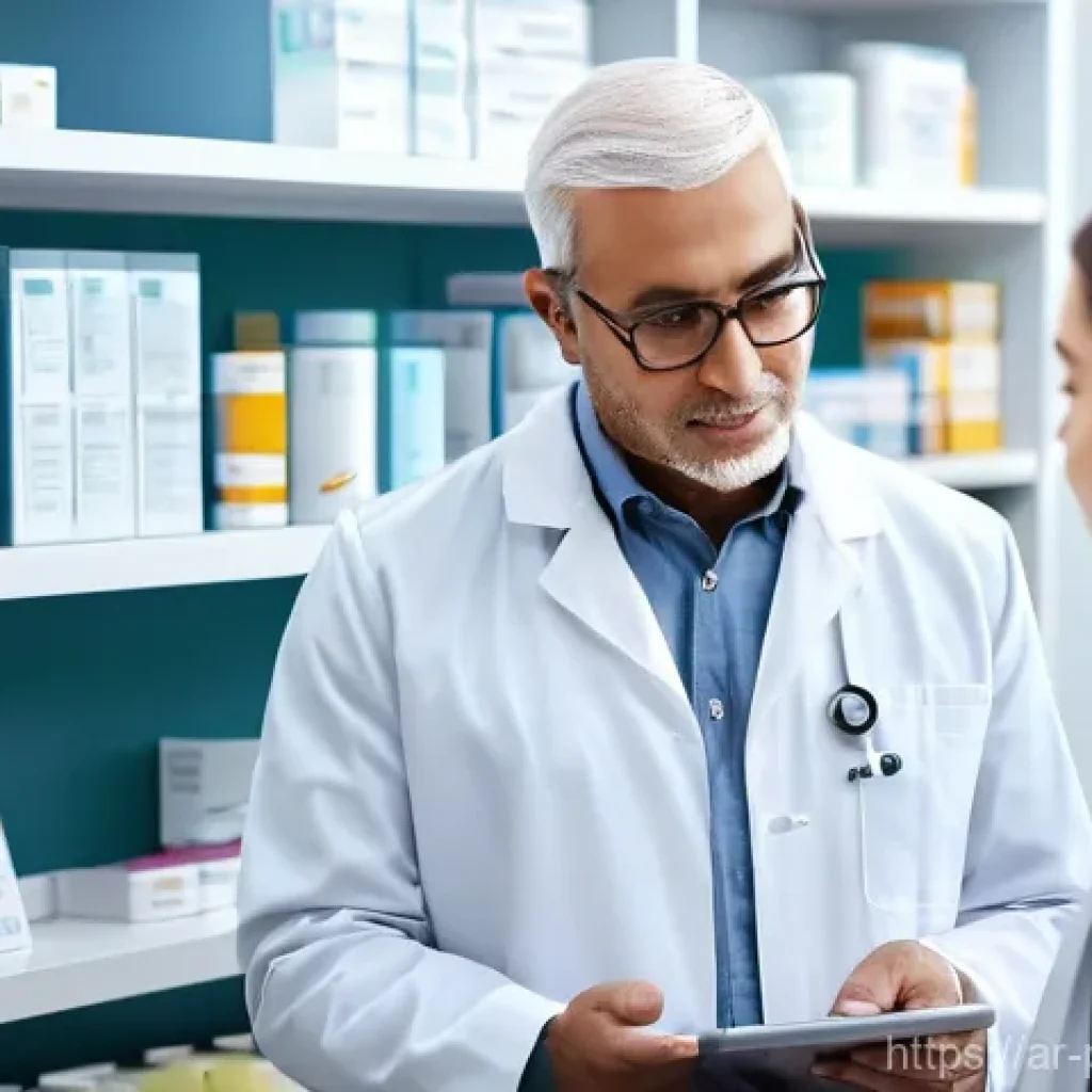 약사 조제 실무 강의 추천 - **Clinical Pharmacist Patient Consultation in a Modern Hospital**
"A confident female Arab pharm...