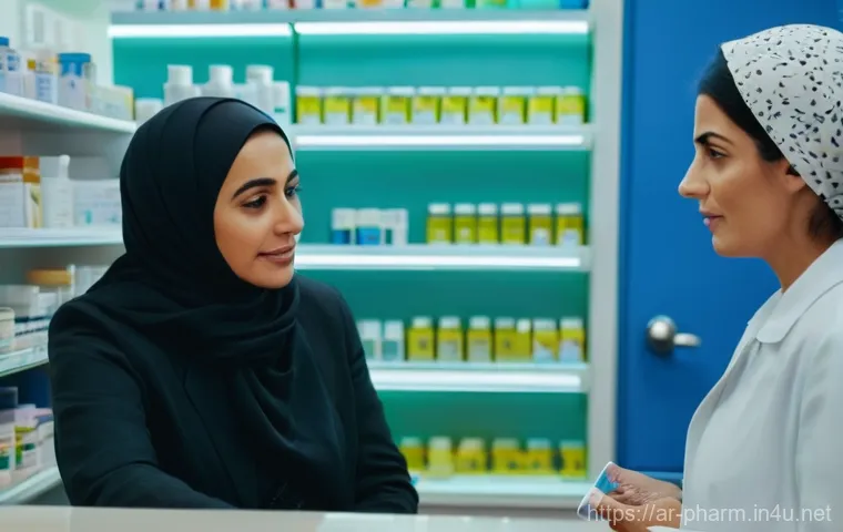 약사 약물 부작용 대처 사례 모음 - **Prompt:** A compassionate and attentive Arab female pharmacist, wearing a pristine white coat and ...