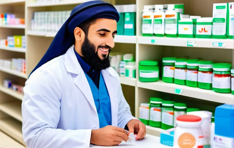 약사 약물 부작용 대처 사례 모음 - **Prompt:** A compassionate and attentive Arab female pharmacist, wearing a pristine white coat and ...