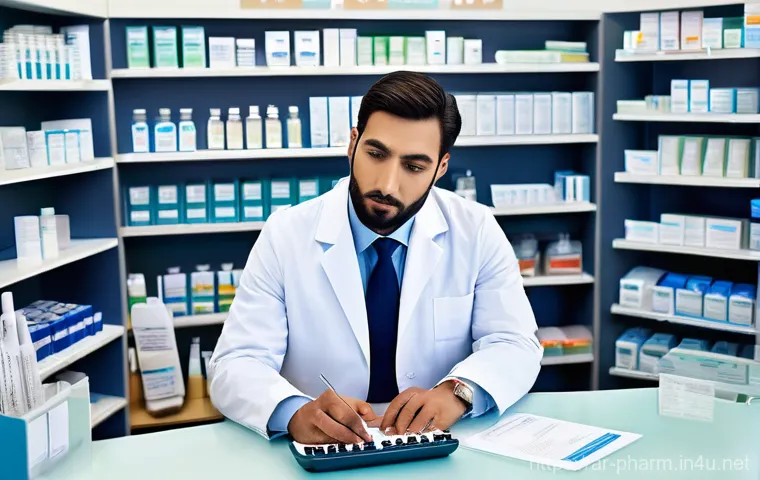 약사 약물 부작용 대처 사례 모음 - **Prompt:** A friendly and knowledgeable Arab male pharmacist, in a clean white coat, is seated at a...