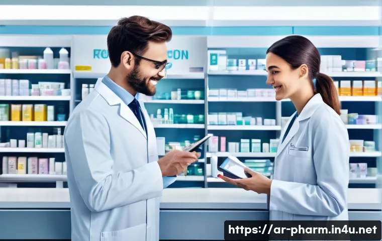 약사 약국에서의 스마트 기술 도입 - **A highly detailed, ultra-modern smart pharmacy interior.** A sophisticated, gleaming robotic arm i...
