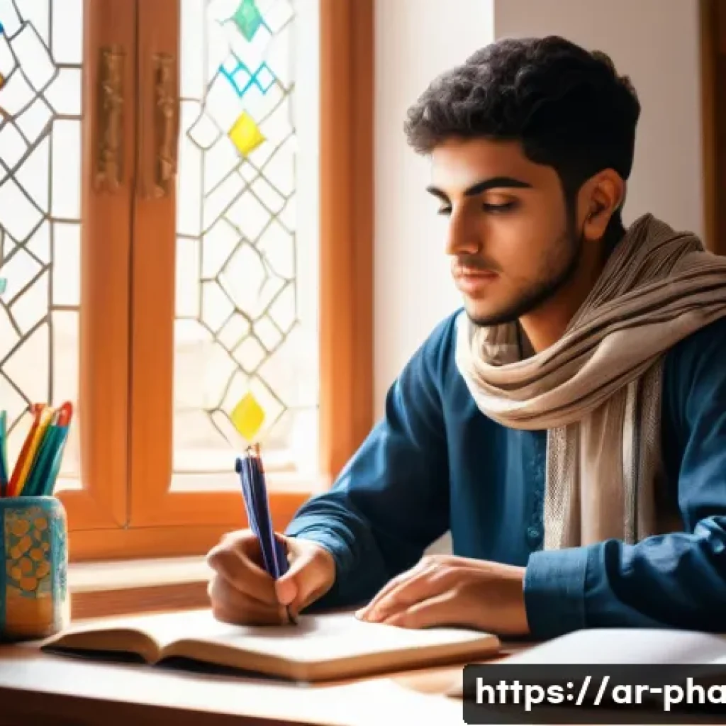 약사 시험 이론 공부 방법 - A focused young Arab student sitting at a neatly organized wooden desk in a quiet, sunlit room decor...