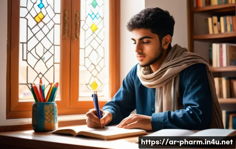 약사 시험 이론 공부 방법 - A focused young Arab student sitting at a neatly organized wooden desk in a quiet, sunlit room decor...