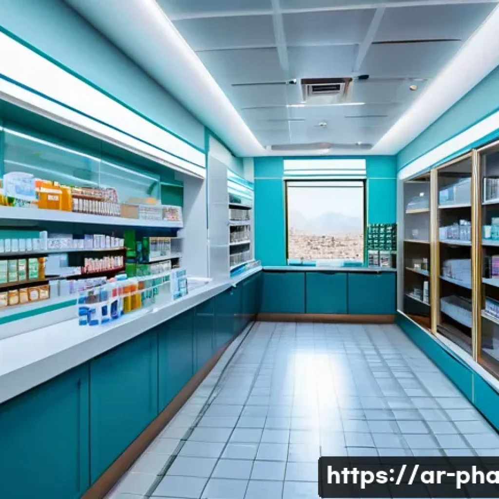 약사 약국 청소와 위생 관리 팁 - A bright, modern pharmacy interior in a Middle Eastern setting, featuring neatly organized shelves s...