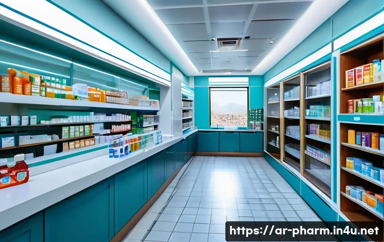 약사 약국 청소와 위생 관리 팁 - A bright, modern pharmacy interior in a Middle Eastern setting, featuring neatly organized shelves s...