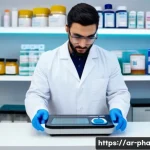 약사 약물 혼합 조제 유의점 - A professional Middle Eastern pharmacist in a modern, clean pharmacy workspace wearing a white lab c...