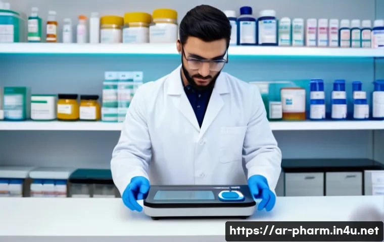 약사 약물 혼합 조제 유의점 - A professional Middle Eastern pharmacist in a modern, clean pharmacy workspace wearing a white lab c...