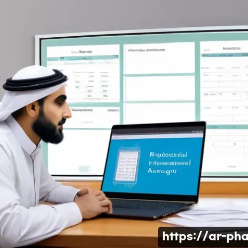 약사 약국 운영에 필요한 서류들 - A modern pharmacy office scene showcasing an Arabic-speaking pharmacist meticulously organizing fina...