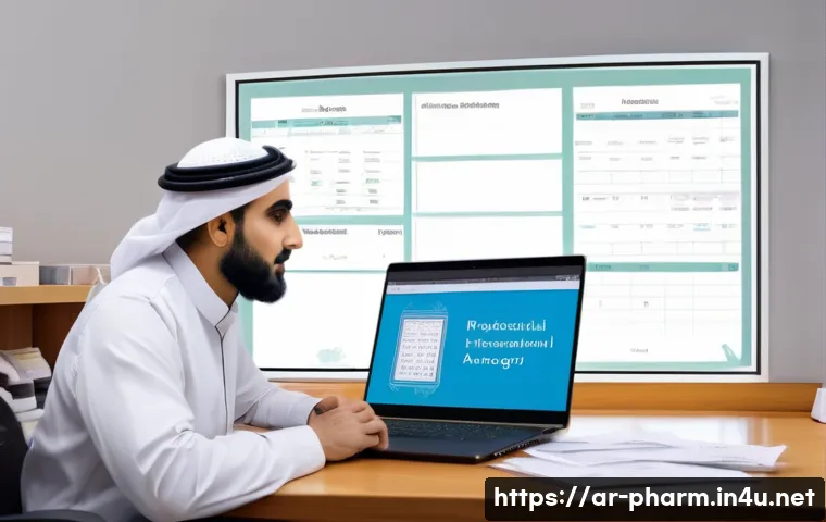 약사 약국 운영에 필요한 서류들 - A modern pharmacy office scene showcasing an Arabic-speaking pharmacist meticulously organizing fina...