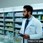 약사 자격증 추가 취득의 장점 - A modern Middle Eastern pharmacist in a well-lit, state-of-the-art hospital pharmacy, wearing profes...