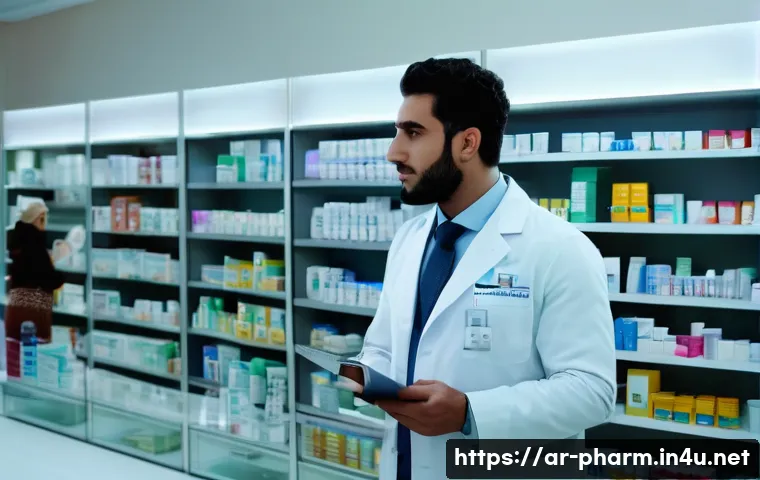 약사 자격증 추가 취득의 장점 - A modern Middle Eastern pharmacist in a well-lit, state-of-the-art hospital pharmacy, wearing profes...