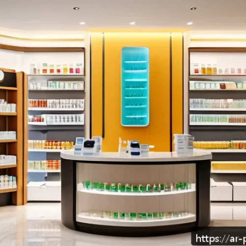 약사 약국 내 매출 관리 전략 - A modern, clean Arabic pharmacy interior designed for customer comfort, featuring warm, adjustable l...