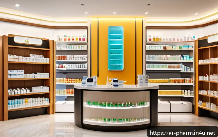 약사 약국 내 매출 관리 전략 - A modern, clean Arabic pharmacy interior designed for customer comfort, featuring warm, adjustable l...