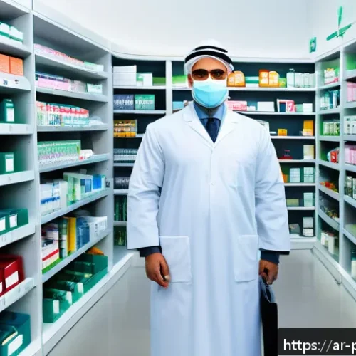 약사 약물 데이터 관리 프로세스 - A modern pharmacy interior in an Arabic-speaking country, featuring pharmacists and assistants worki...