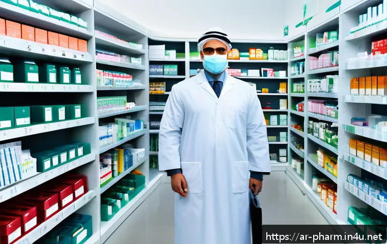 약사 약물 데이터 관리 프로세스 - A modern pharmacy interior in an Arabic-speaking country, featuring pharmacists and assistants worki...