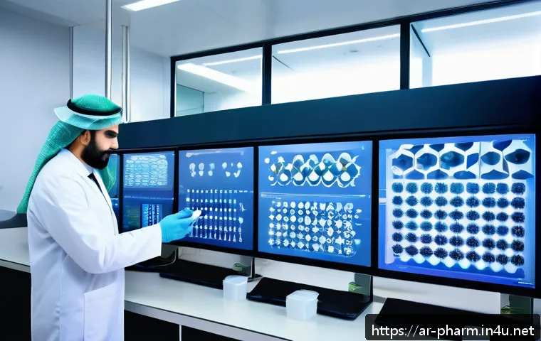 약사 약물 연구 경력 개발 - A modern pharmaceutical research laboratory in the Middle East, featuring diverse Arab scientists in...