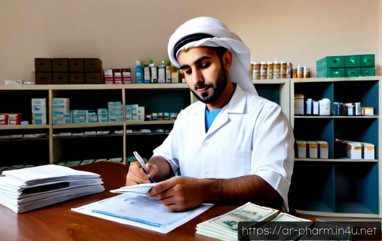 Home 17 약사 약국 개업 비용 산출 방법 - Photorealistic Arab pharmacist in modest professional attire seated at a clean desk inside an unfini...