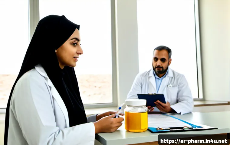 약사 약물 연구에서의 윤리적 문제 - Photorealistic hospital research consultation in a modern Middle Eastern medical center, an Arab pha...