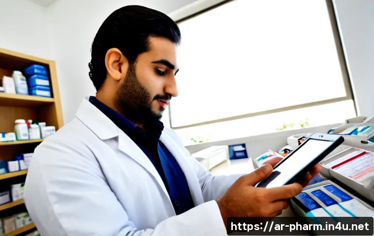 약사 약물 정보 업데이트 프로세스 - Photorealistic modern pharmacy consultation workspace in an Arabic-speaking Middle Eastern city, a p...